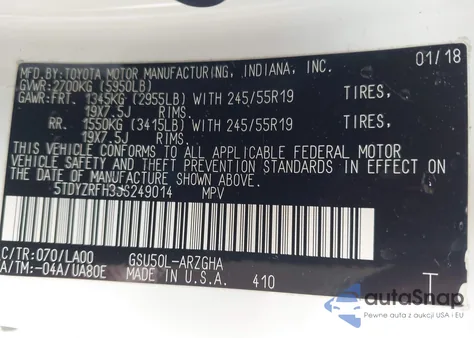 2018 Toyota Highlander Limited z USA, uszkodzony, nr VIN 5TDYZRFH3JS249014